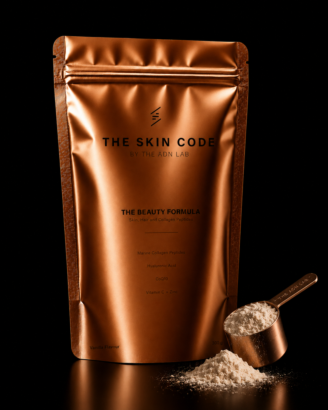 Hydrolysed collagen peptides powder with a spoon, ADN Lab